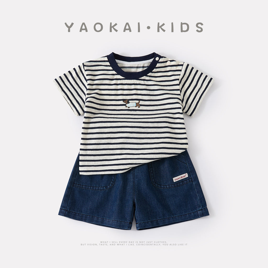 Cartoon Dog Stripe Tee & Denim Shorts Set
