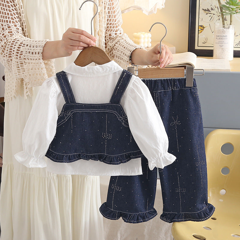 Denim Suspender Long Sleeve 3-Piece Set for Baby Girls