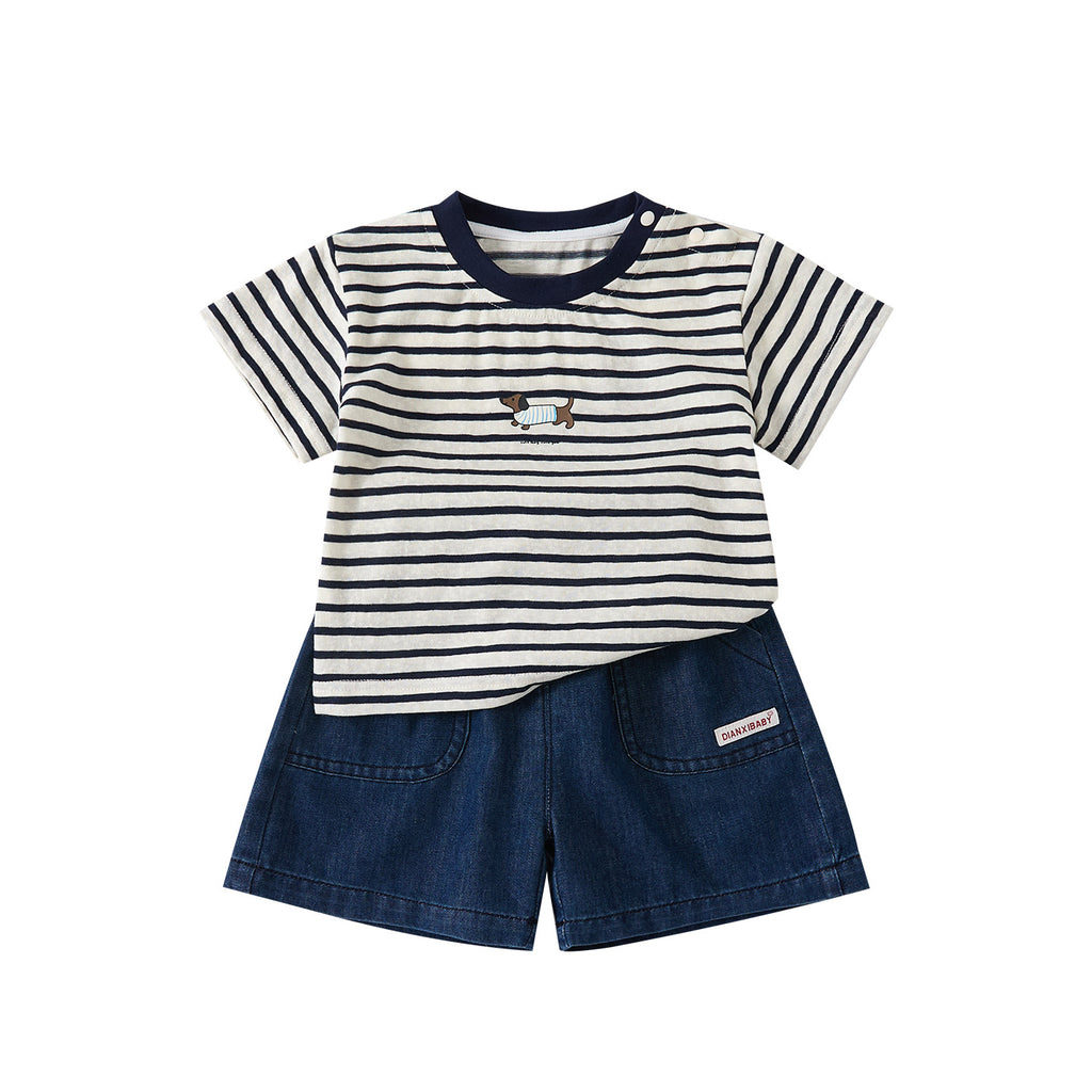Cartoon Dog Stripe Tee & Denim Shorts Set