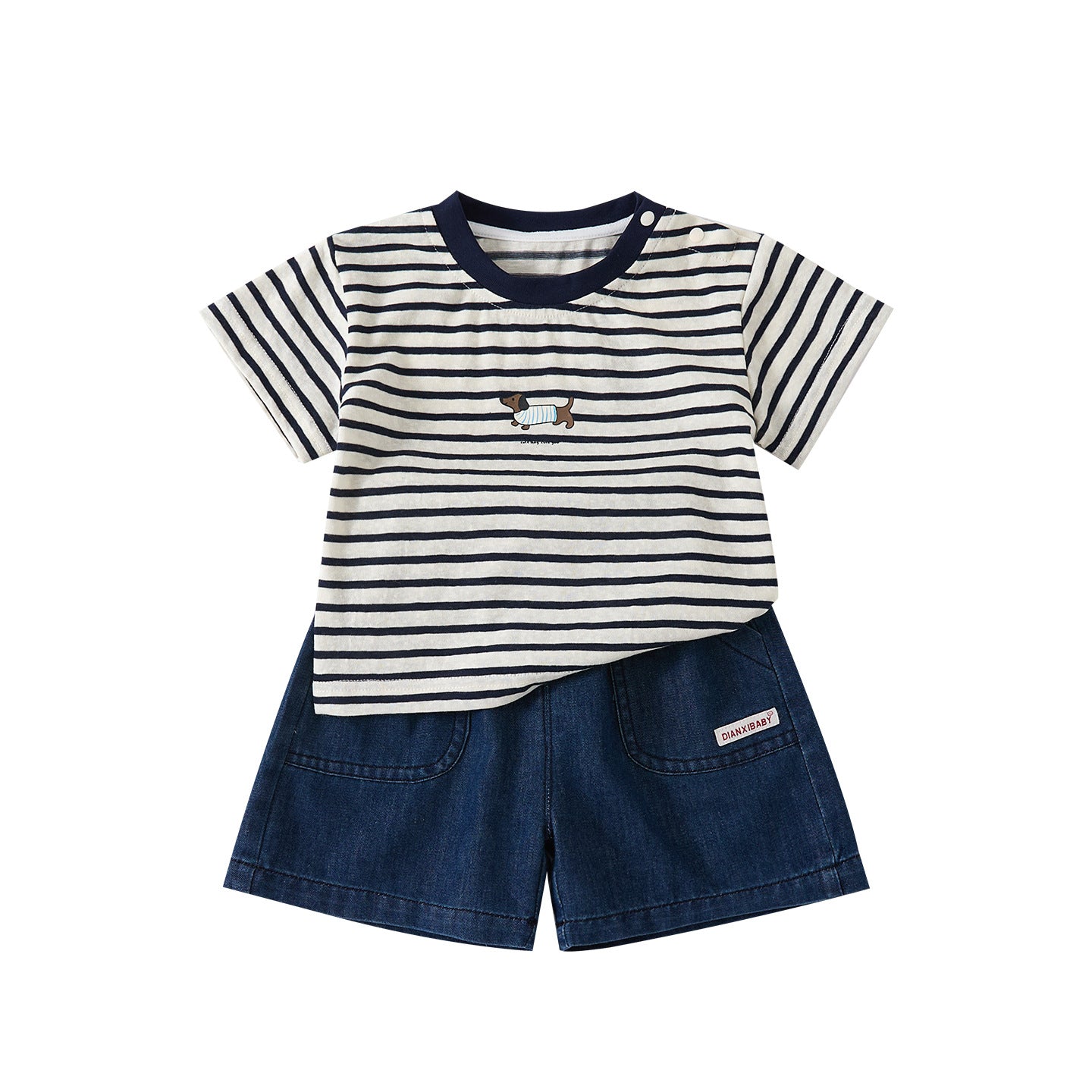 Cartoon Dog Stripe Tee & Denim Shorts Set