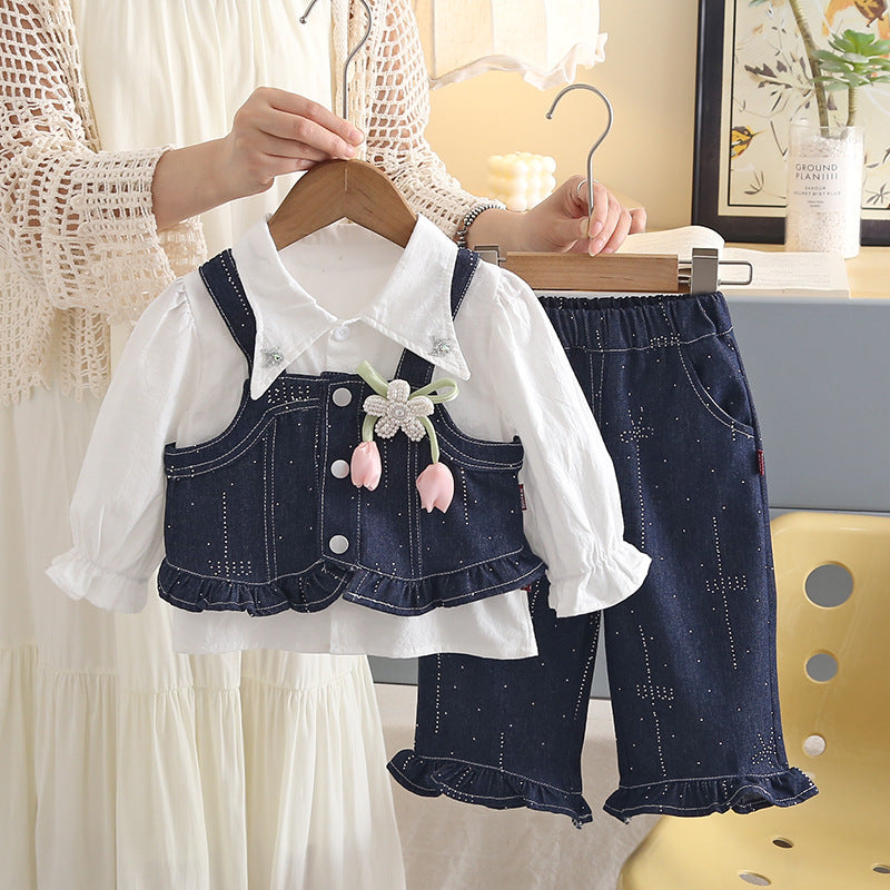 Denim Suspender Long Sleeve 3-Piece Set for Baby Girls