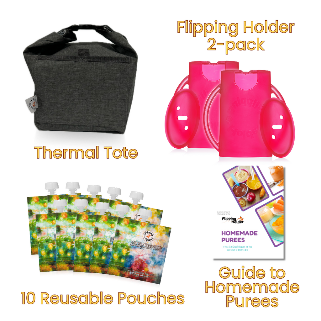 Baby Shower Gift Bundle | Flipping Holder, Reusable Pouches, Thermal Tote & Puree Guide