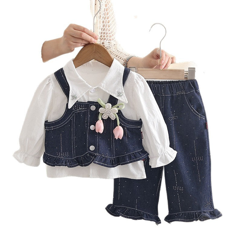 Denim Suspender Long Sleeve 3-Piece Set for Baby Girls
