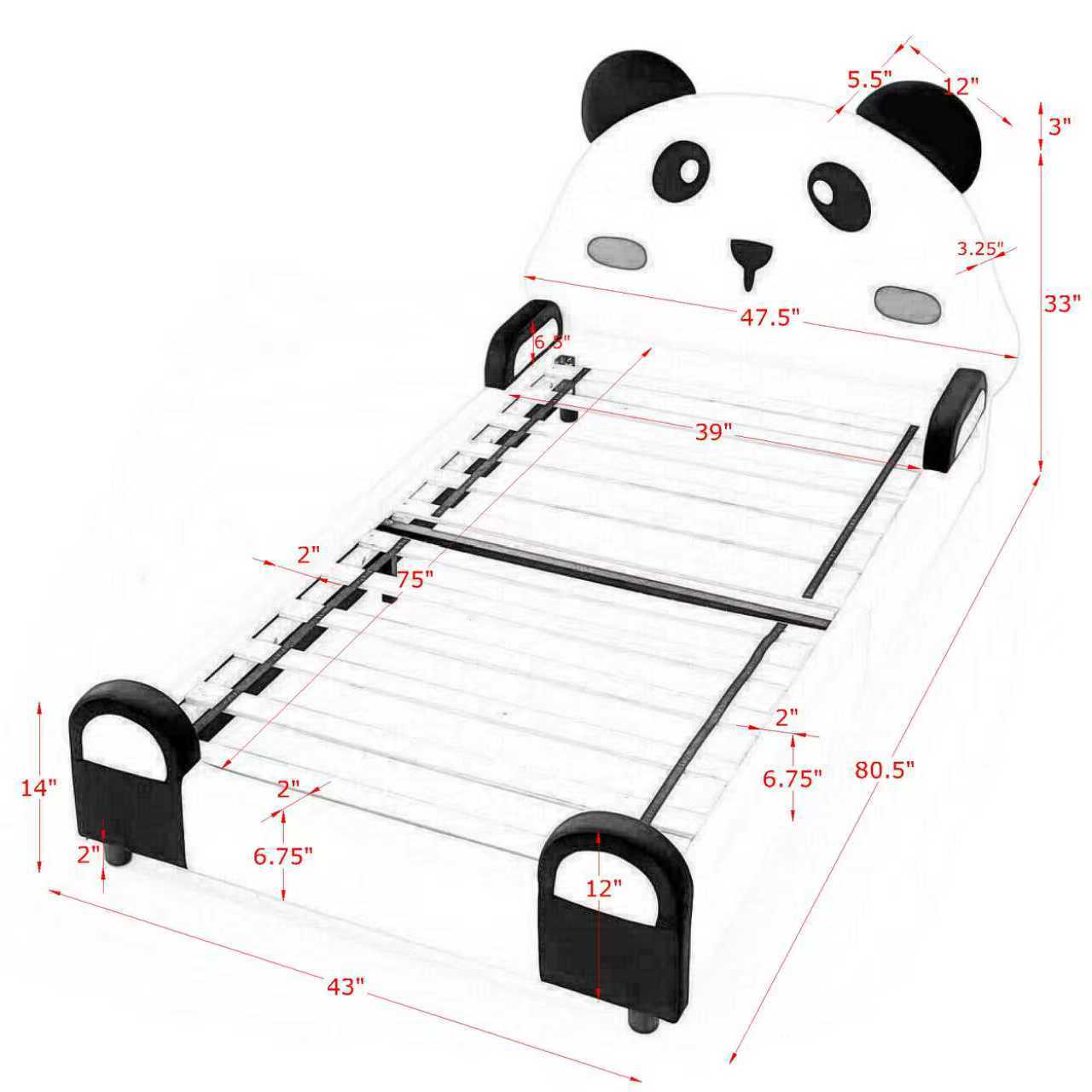 Panda-Shaped Kids Bed with Velvet Fabric – Twin Size