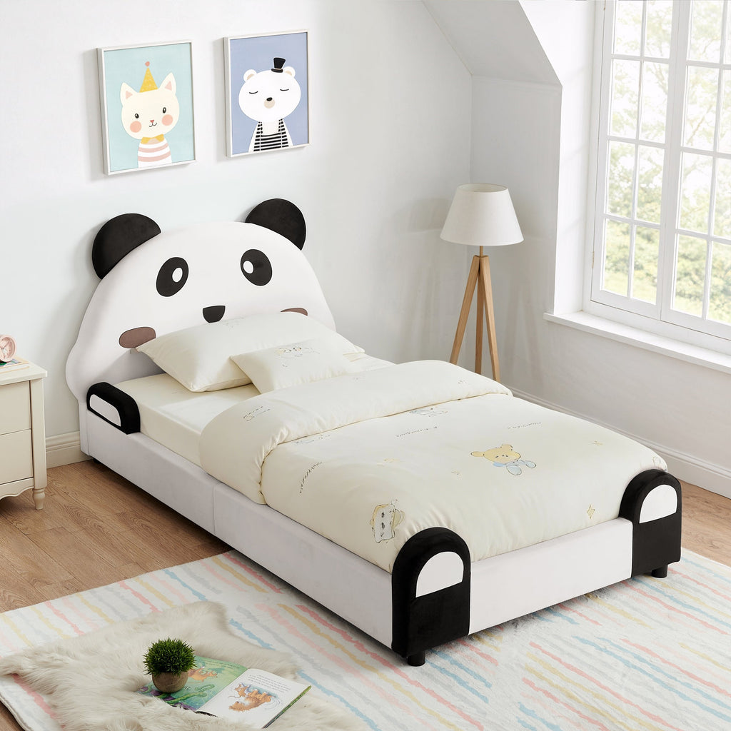 Panda-Shaped Kids Bed with Velvet Fabric – Twin Size