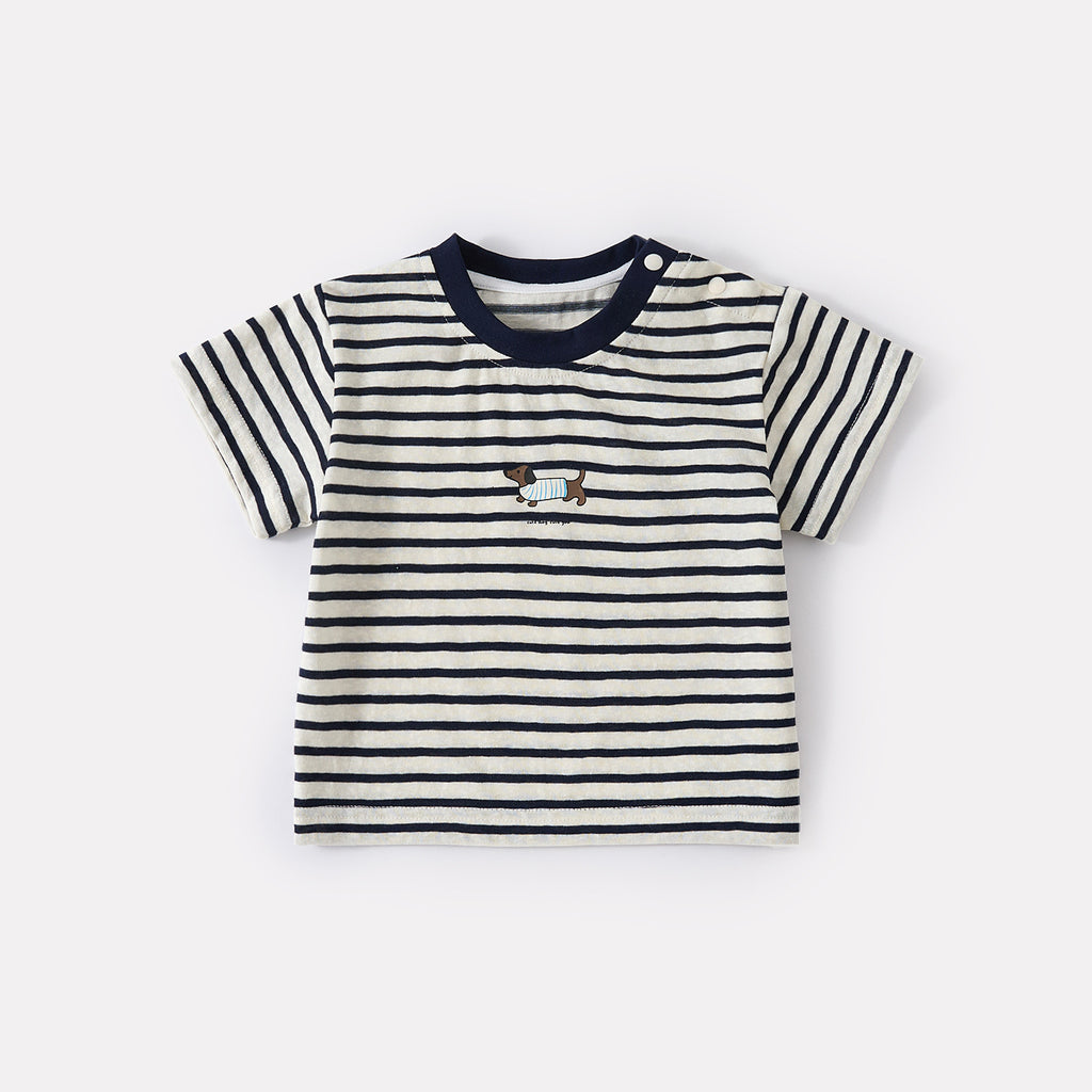 Cartoon Dog Stripe Tee & Denim Shorts Set