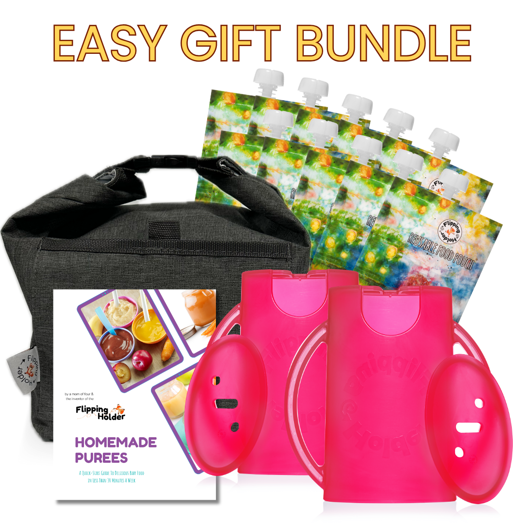Baby Shower Gift Bundle | Flipping Holder, Reusable Pouches, Thermal Tote & Puree Guide