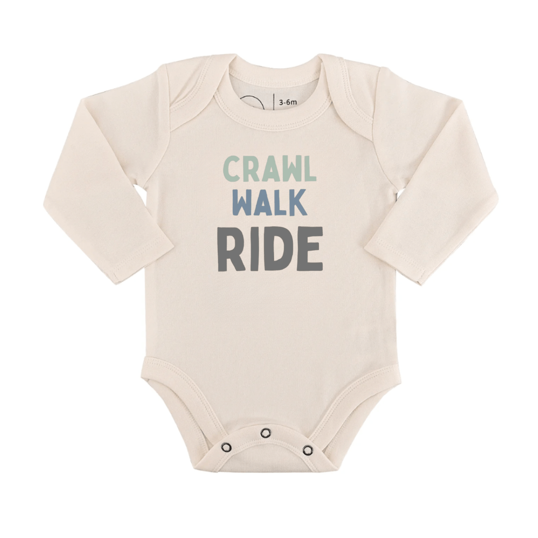 Crawl Walk Ride Baby Bodysuit | Long Sleeve Graphic Onesie for Future Adventurers